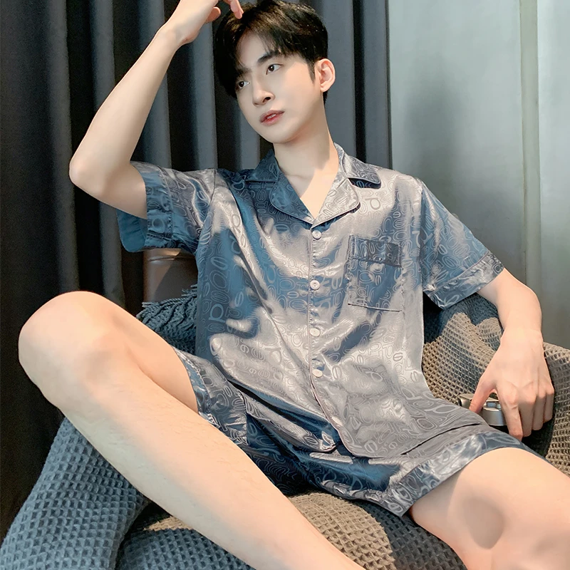 高档冰雪丝睡衣男士2025新款夏季天薄款短袖青少年纯色家居服套装