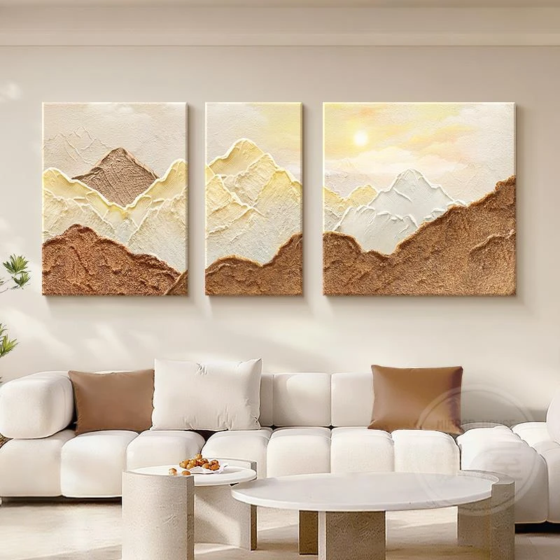 奶油风客厅装饰画背有靠山油画肌理高级感沙发背景墙三联挂画大气