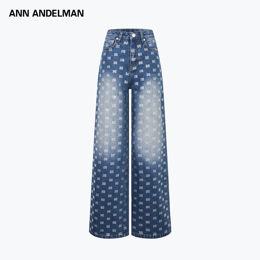 ANN ANDELMAN中弹力印花复古直筒女装蓝色满印女高腰无弹牛仔裤