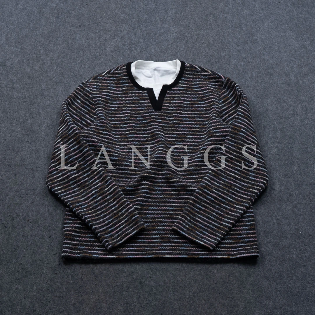 LANGGS&鸣谷 秋冬撞色V领彩条针织毛衣-FW5456