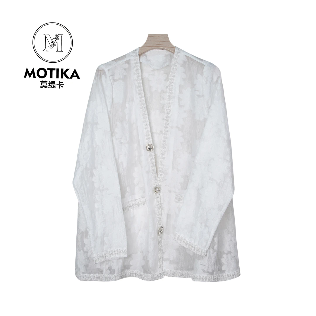 「MOTIKA」X111-1白色宽松小香风镂空蕾丝防晒开衫