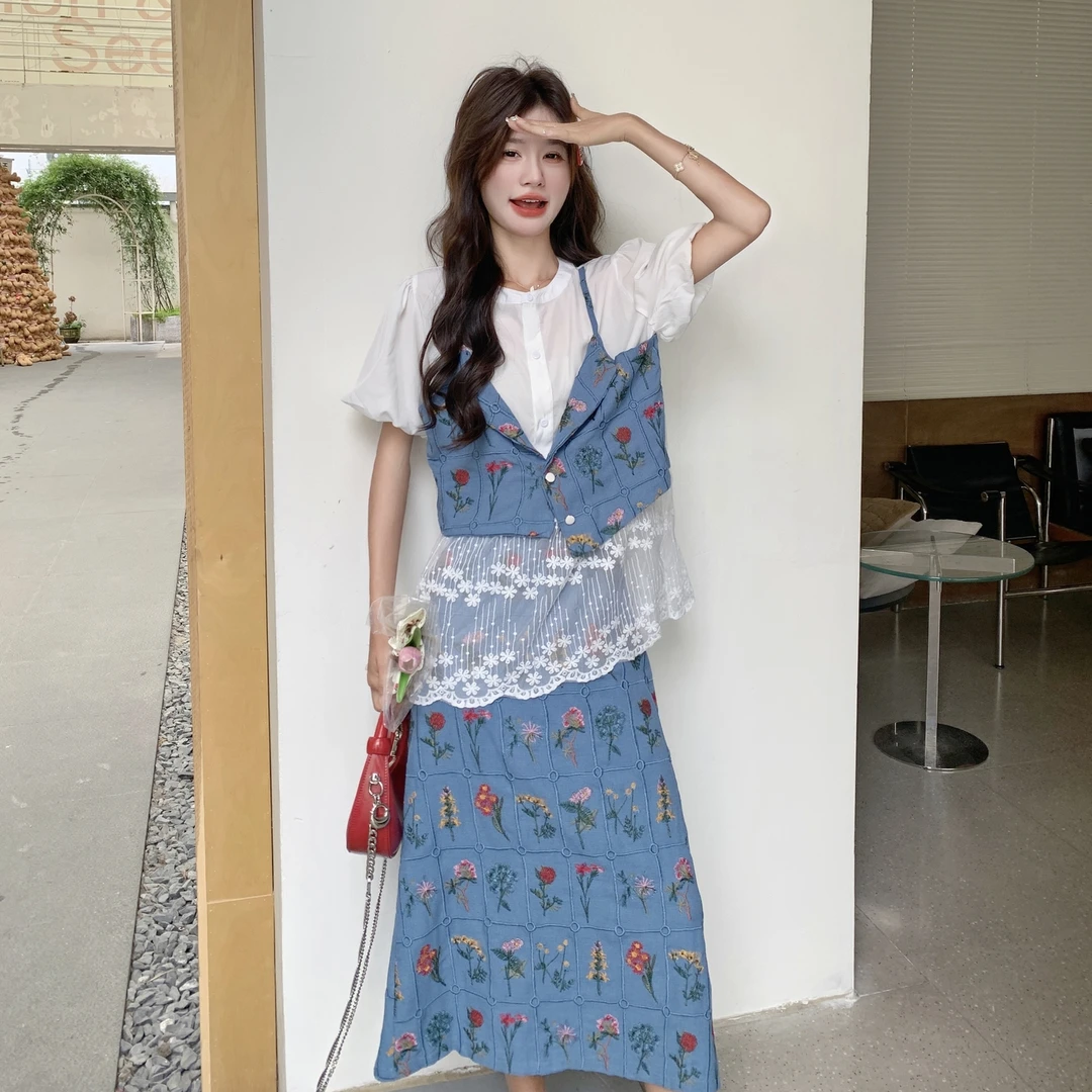 小香风蕾丝拼接假两件碎花衬衣半身裙套装女夏漂亮独特绝美两件套