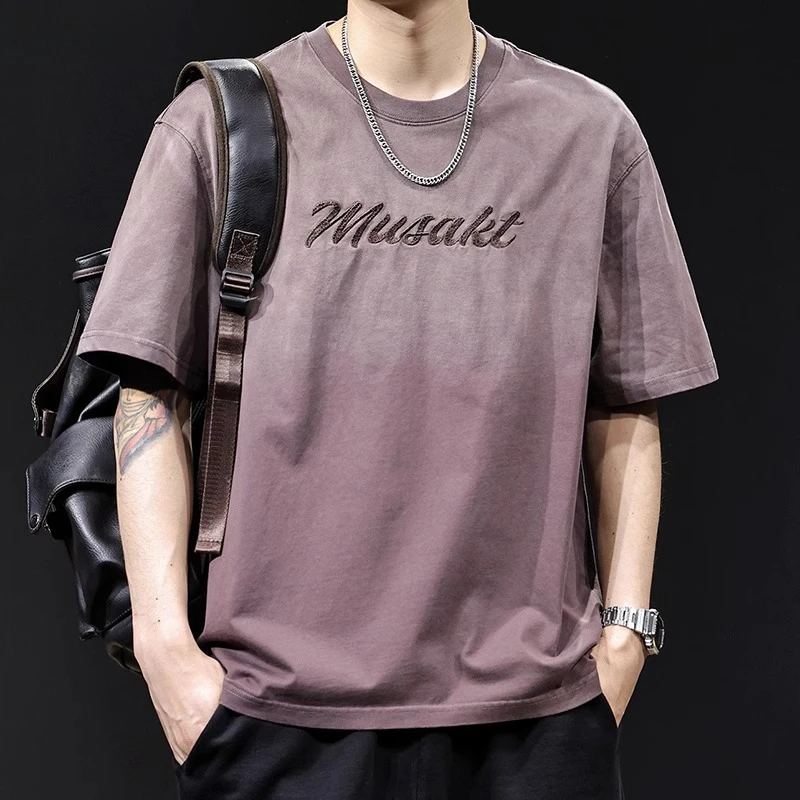 重磅渐变短袖t恤男士2025新款潮牌美式复古体恤大码衣服夏季高端