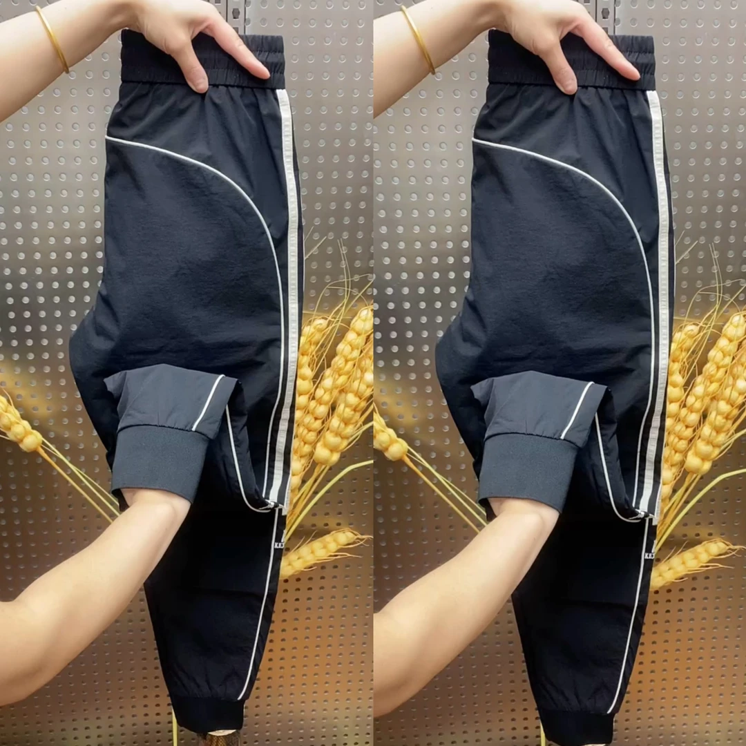 裤子男士夏季薄款潮牌宽松哈伦裤速干条纹织带透气百搭小脚运动裤