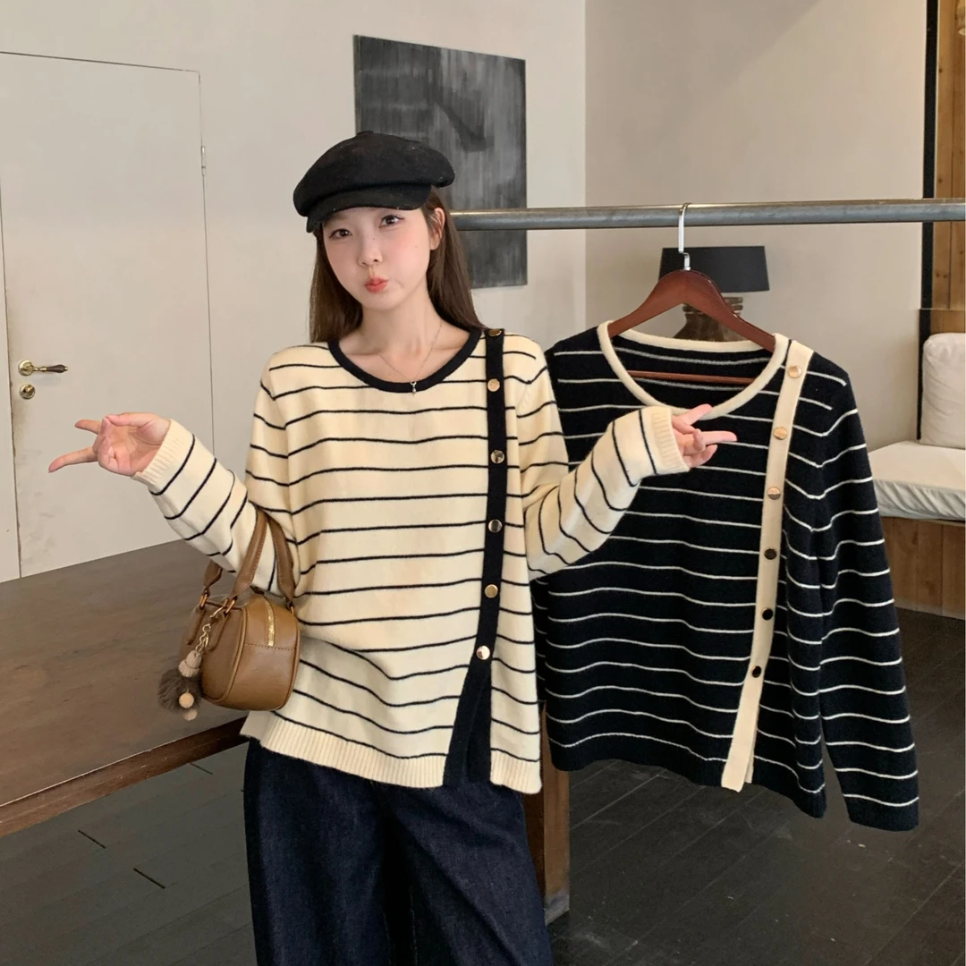 撞色条纹开叉长袖针织衫2025秋冬新款胖mm大码衫设计感内搭毛衣潮