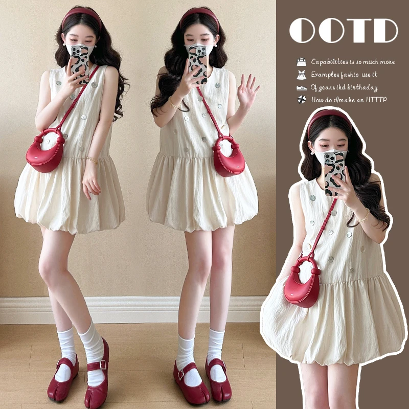 时尚孕妇夏季新款洋气甜美手工贝壳扣小个子花苞连衣裙韩版短裙