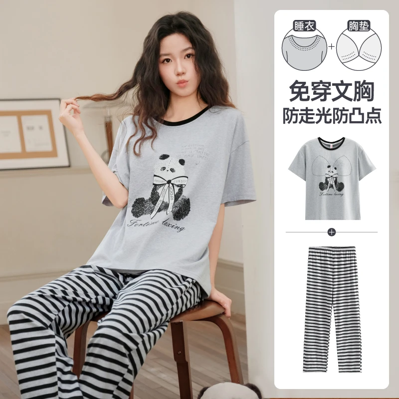 芬腾睡衣带胸垫一体可外穿女款新款夏季纯棉短袖防凸点家居服套装