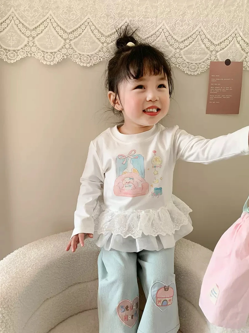 女童套装春秋款洋气牛仔外套可爱打底衫超萌打底裤女宝宝春装