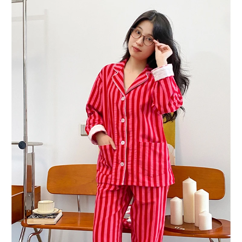 莫里伊【磨毛棉红粉条纹】小众时尚设计可外穿保暖睡衣家居服