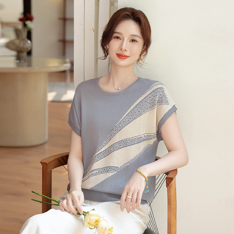 夏季新款中老年妈妈冰丝短袖女装圆领打底小衫上衣洋气薄款T恤衫