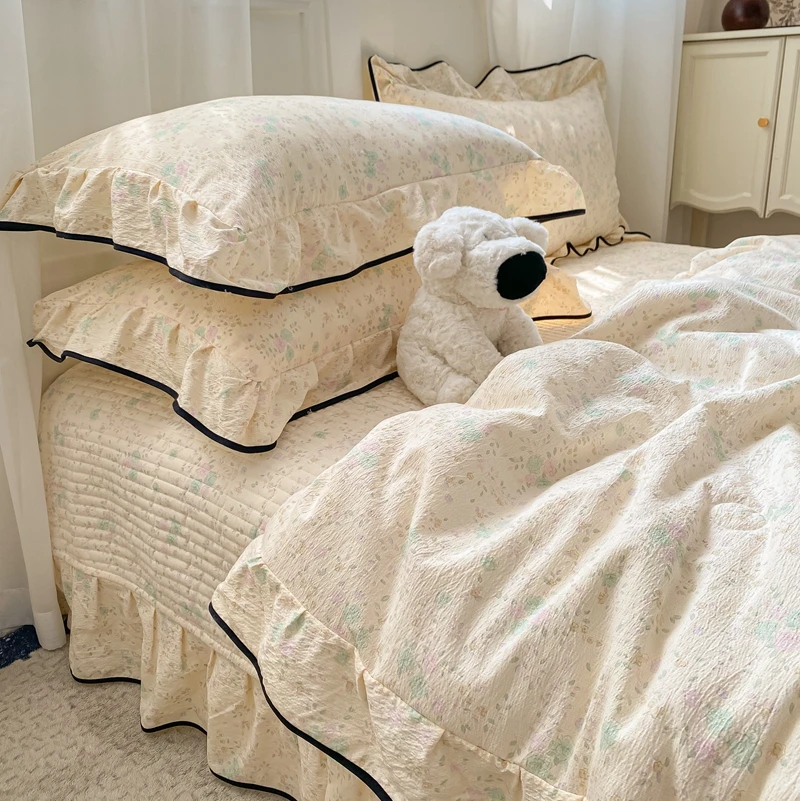 亲肤床盖款夏被四件套云感法式花边皱皱双层纱空调被4件套床品