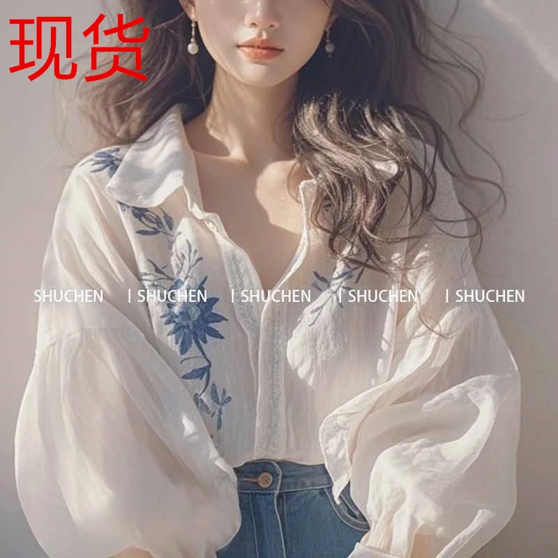 蓝色印花亚麻设计白色长袖好看衬衫独特漂亮小衫上衣新款甜美
