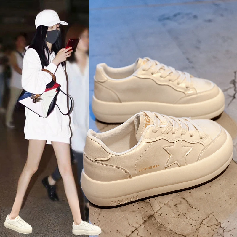 爆款厚底小白鞋女款2025春夏季新款透气百搭学生休闲星星板鞋超火
