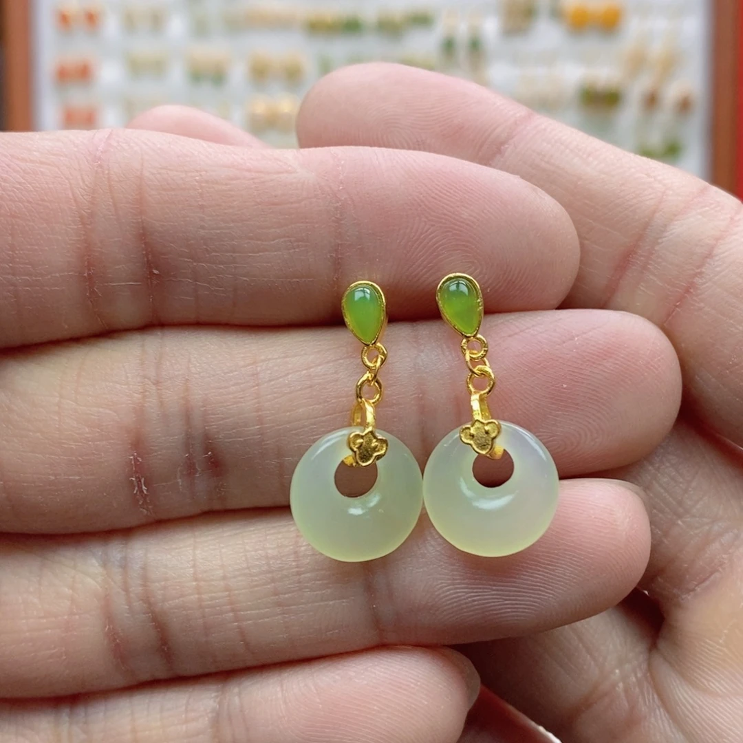 和田玉银S925镶嵌耳饰