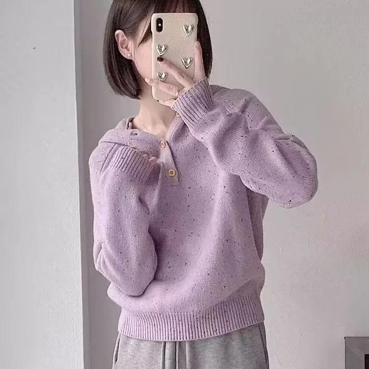法式香芋紫连帽加厚毛衣女秋冬季叠穿软糯针织打底衫宽松内搭上衣