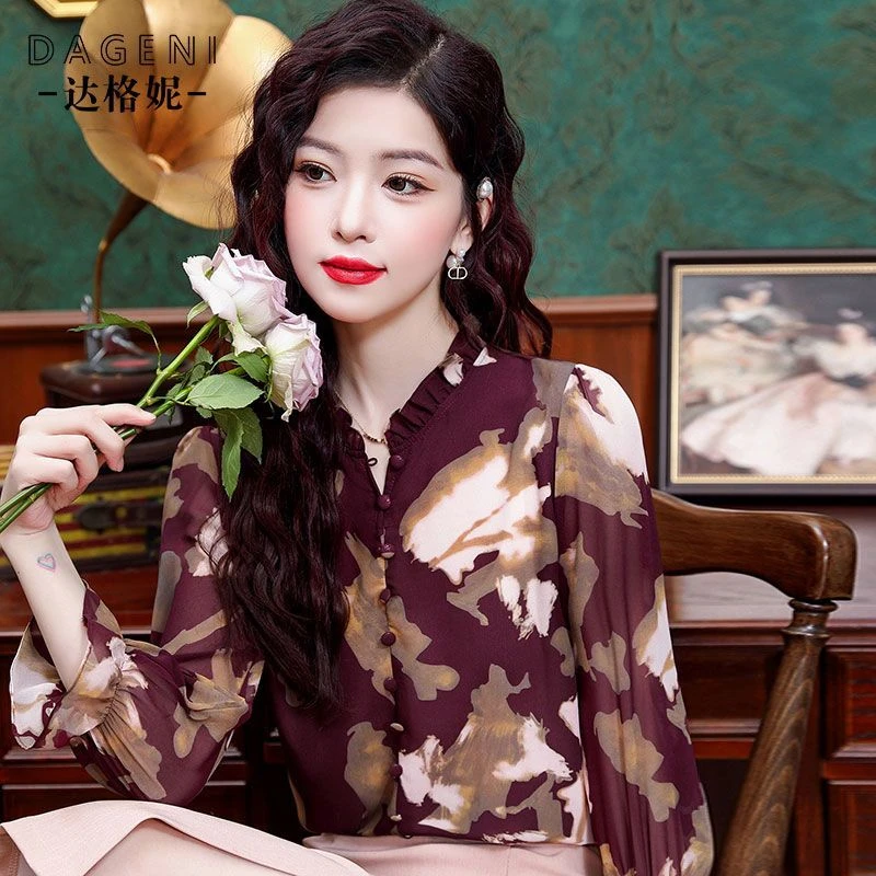 复古印花雪纺衬衫女2025春季新款时尚遮肉显瘦上衣百搭洋气小衫女