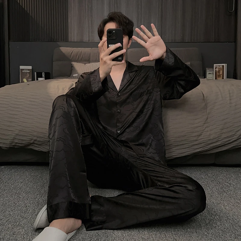 高级感黑色冰丝男士睡衣春秋季长袖长裤可外穿家居服秋款大码套装