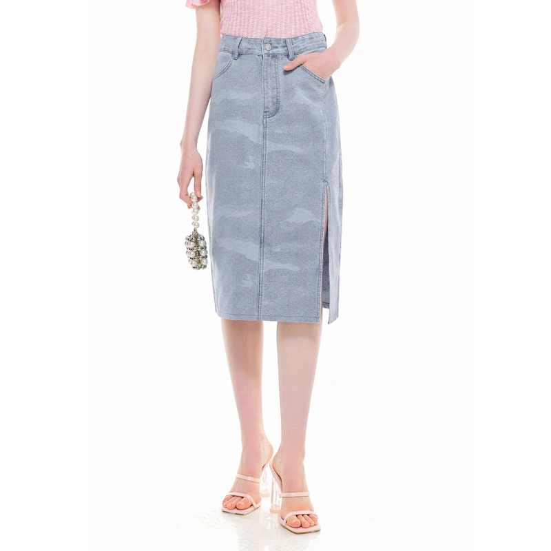 MISSCOCOON【雀翎夏梦】春夏新款新中式国风孔雀纹牛仔半身裙