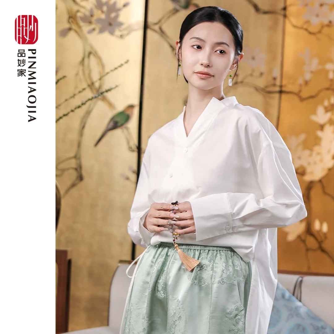 品妙家品妙家纯棉贡缎棉多扣V领通勤衬衫汉元素白色服装禅意中式