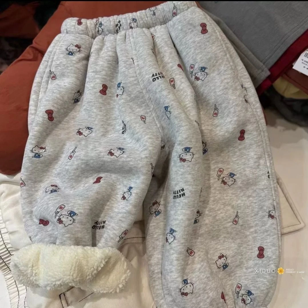 女童加绒裤子冬季新款儿童超可爱kt猫满印束脚卫裤女孩保暖加厚裤