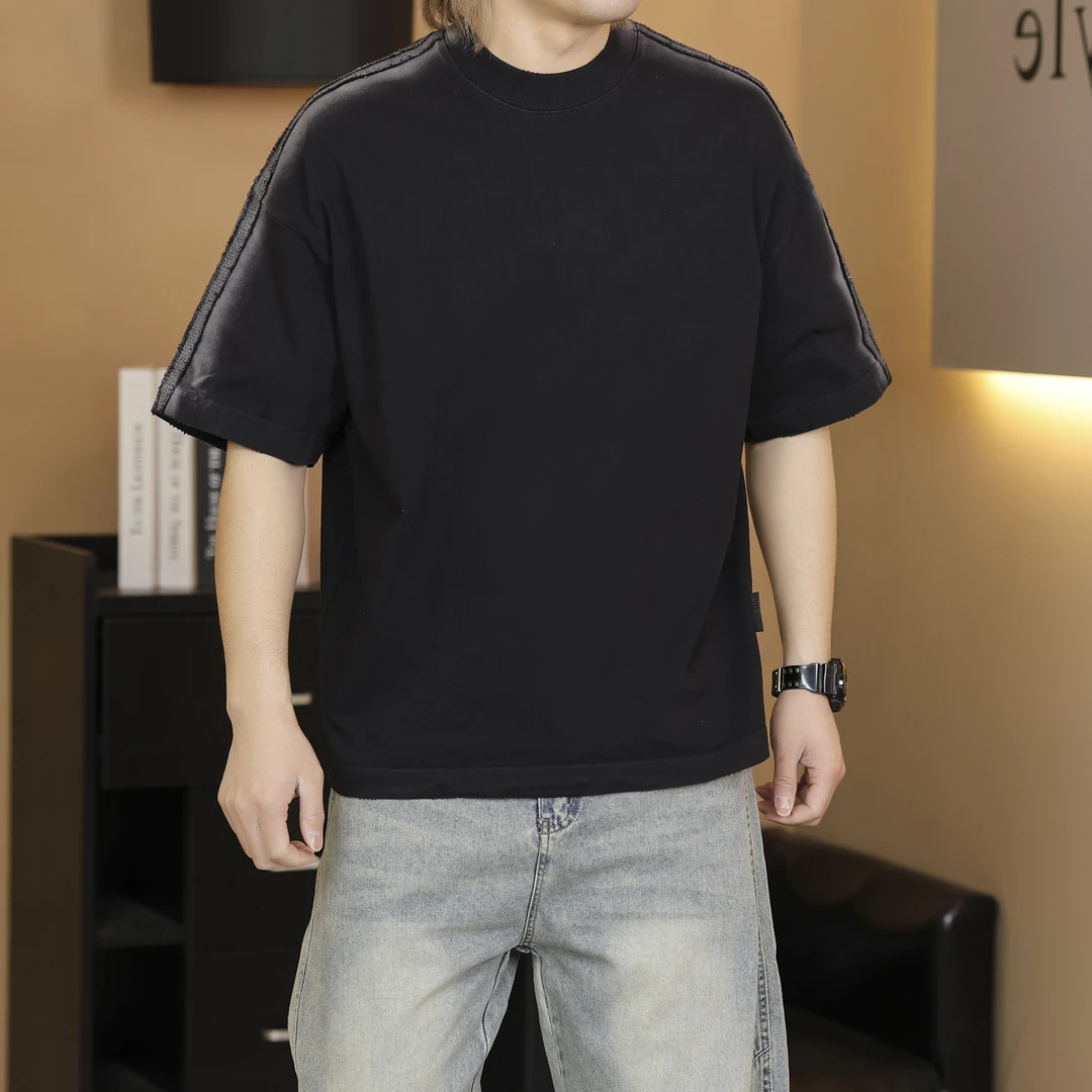 2025春夏新款潮流重磅水洗扎染阔版T桖男简约纯色百搭纯棉半袖