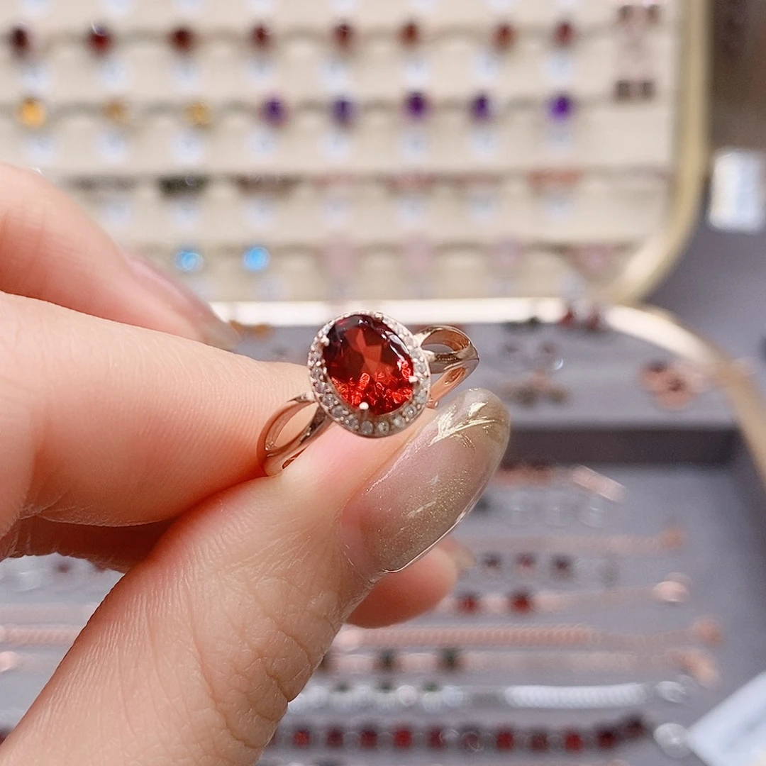石榴石戒指银S925镶嵌戒指