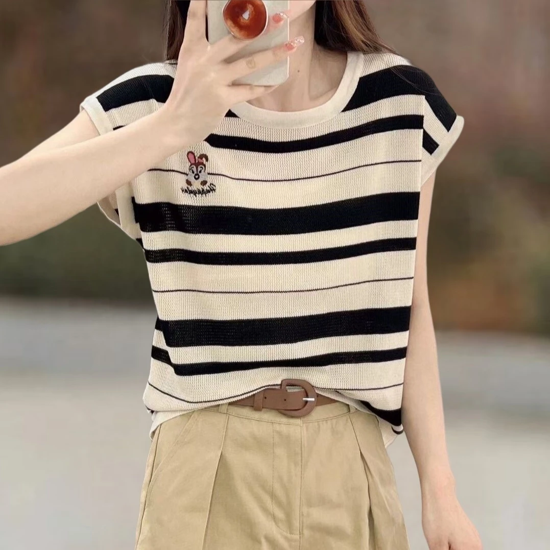 条纹小刺绣针织冰丝短袖t恤女夏季新款小个子短款百搭显瘦上衣薄