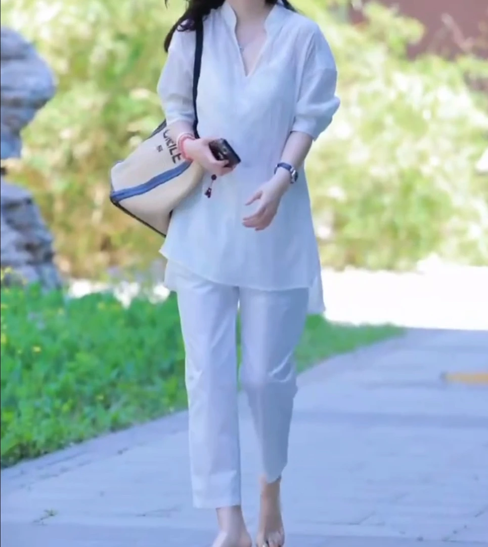 新款时尚净气质百搭V领重工中长款上衣高腰裤子女装122