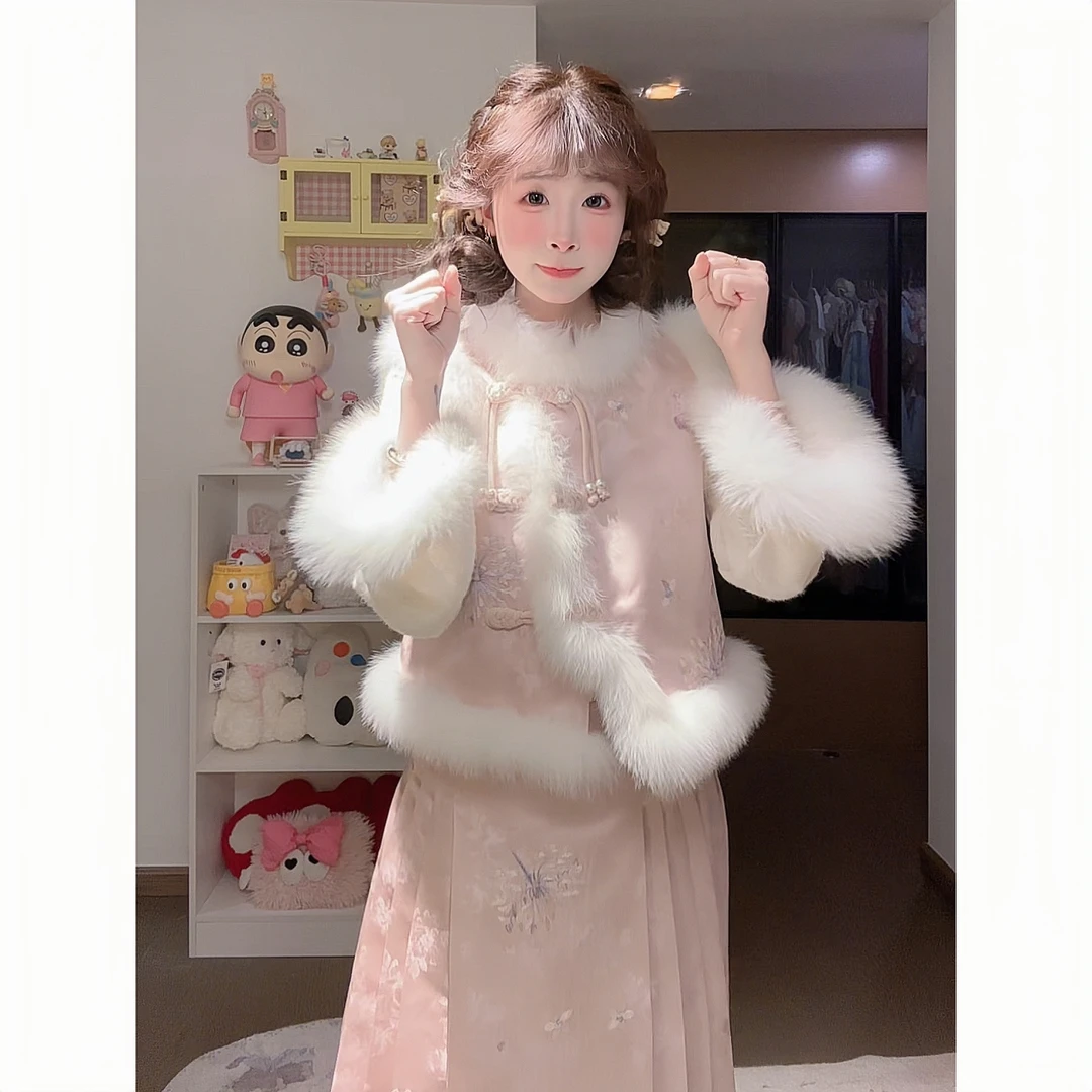 新中式风套装女秋冬盘扣刺绣改良国风长裙温柔风三件套