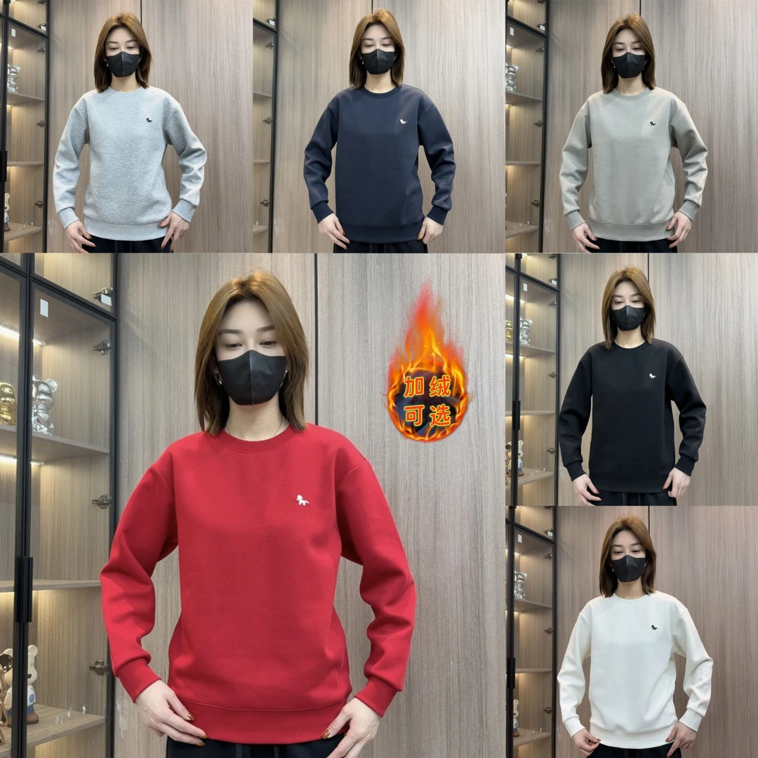 冬季新款加绒加厚小马刺绣圆领套头卫衣男女同款休闲时尚打底衫