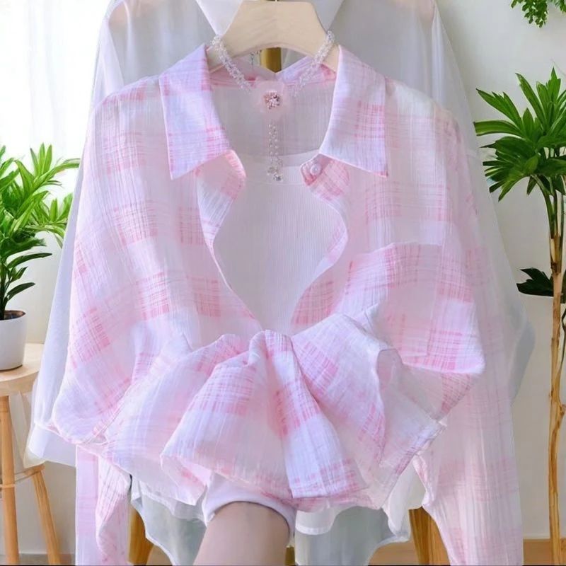 时尚减龄轻薄格子防晒衬衫女夏季2025年新款百搭薄款透气粉色衬衣