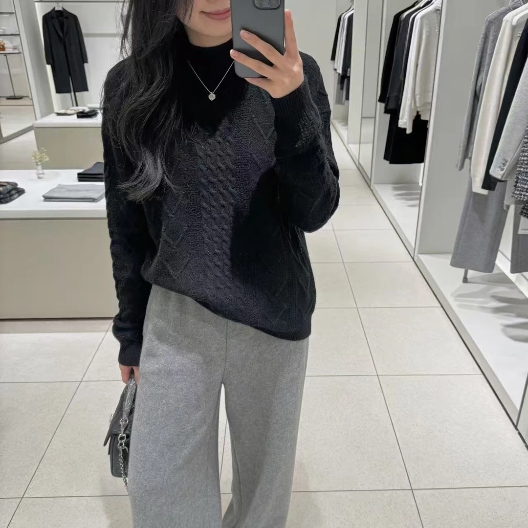 50%羊毛！胸108-160长61立体织花套头长袖针织毛衣百搭 4554