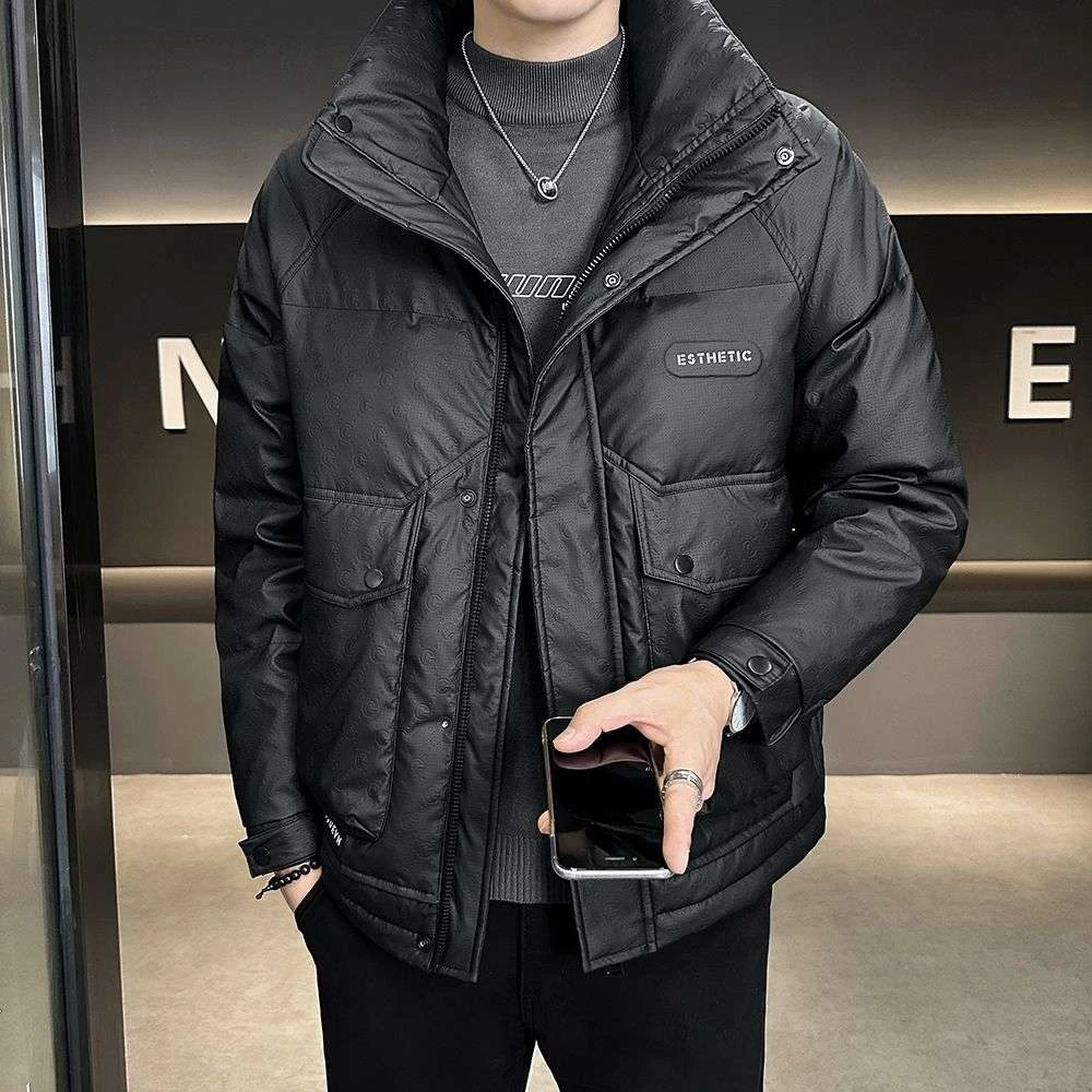 PU皮羽绒服男冬季新款潮牌立领加厚工装保暖外套防风抗寒羽绒上衣