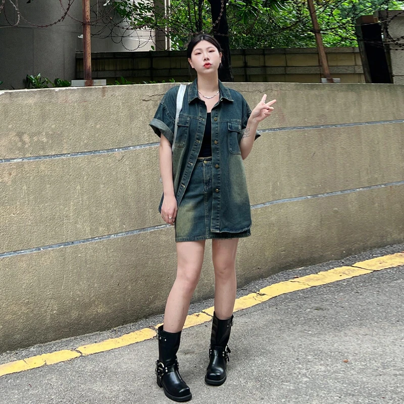 300斤大码女装复古牛仔短袖外套胖mm春夏季减龄显瘦宽松衬衫上衣