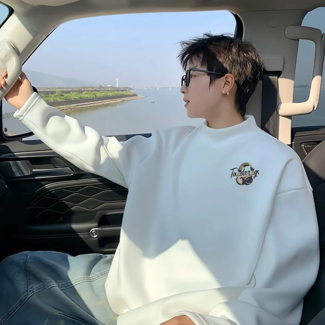 潮流耳机图半高领德绒打底衫男秋冬新款内搭外穿保暖宽松长袖上衣