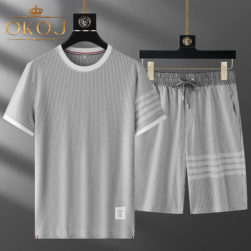 OKOJ休闲运动套装男细条纹冰丝透气宽松夏季薄款户外时尚两件套