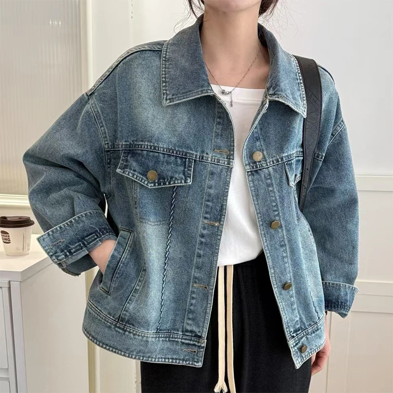 浅蓝色牛仔外套女春秋装韩版爆款宽松休闲高级感水洗做旧短款上衣