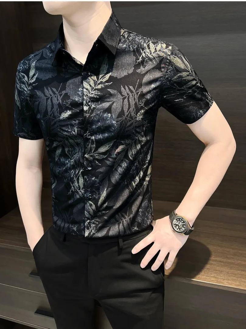 男士衬衫衬衣时尚休闲百搭夏季潮流修身印花镂空薄款痞帅个性商务