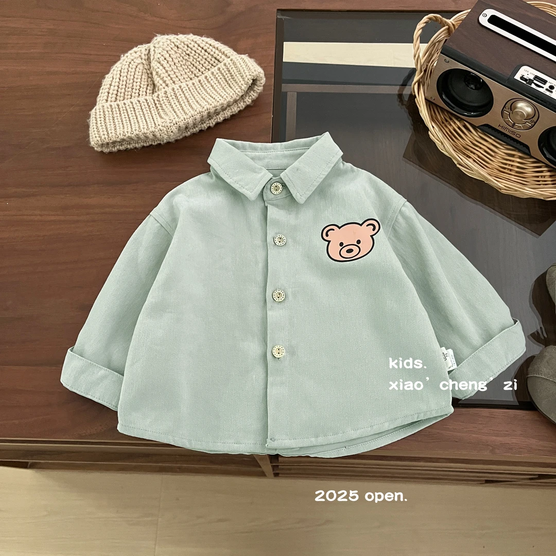 T25C56春日新款百搭耐看可爱小熊头翻领清新女宝宝男宝宝外出衬衫