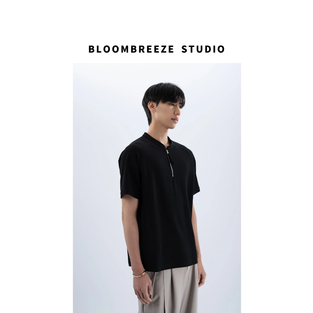 BLBR 夏季透气干爽短袖半开拉链黑白T恤显瘦插肩百搭上衣