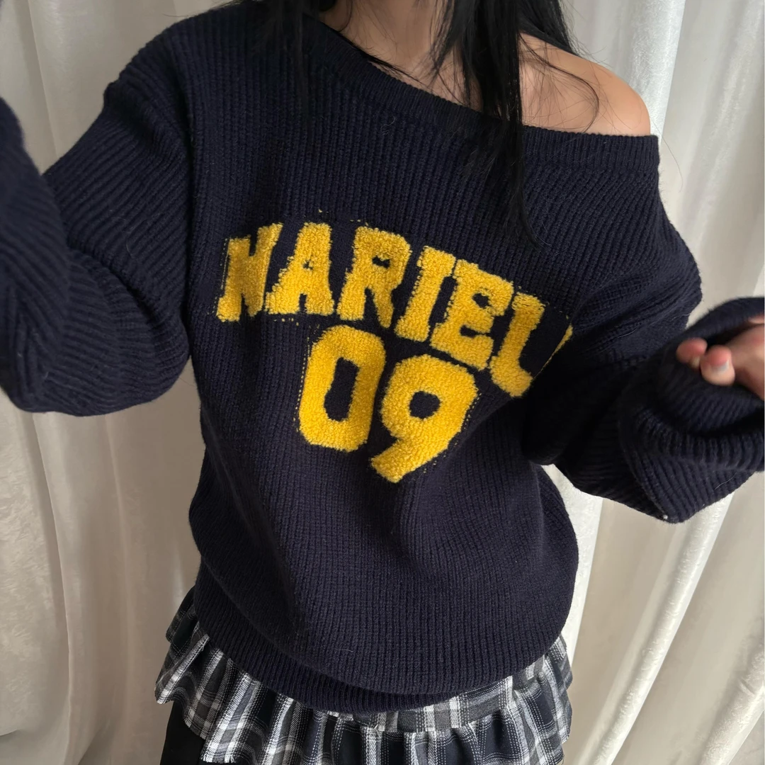 local aliens外星沙龙美式复古一字领毛衣慵懒感斜肩宽松针织衫