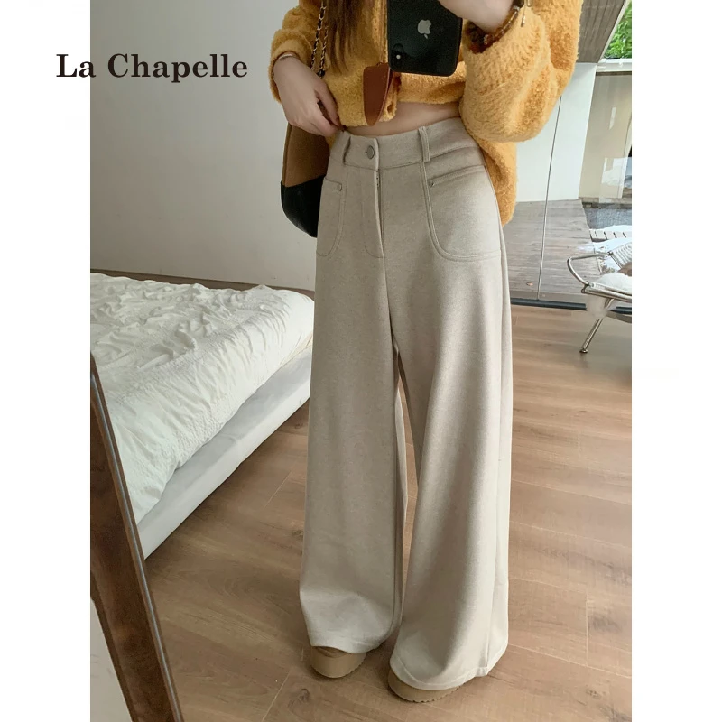 拉夏贝尔2025秋冬新款气质韩版显瘦加绒毛呢阔腿裤子女宽松休闲裤