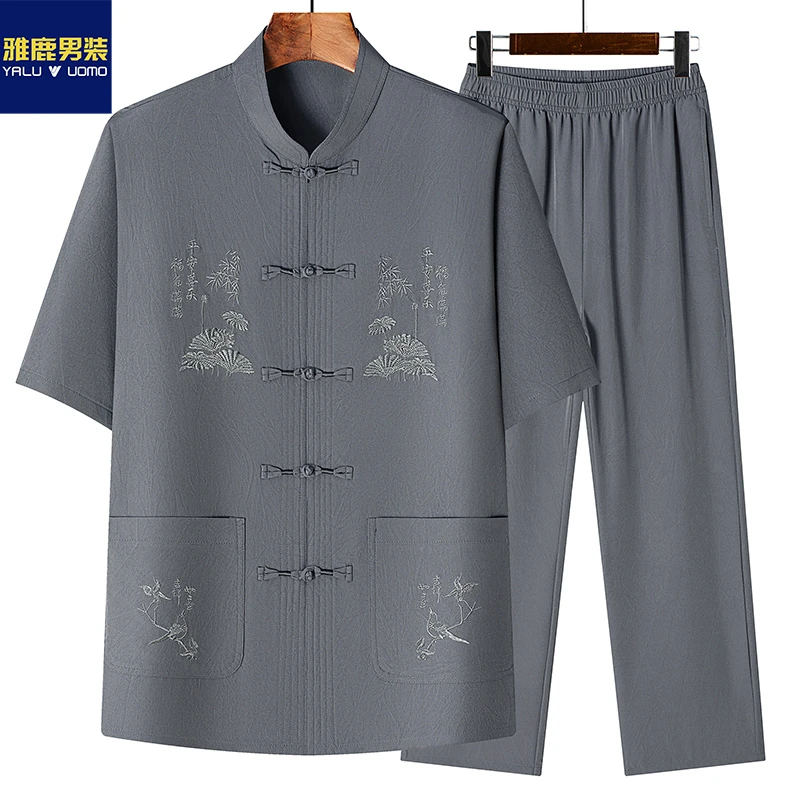 中国风唐装休闲上衣长裤套装中老年夏季立领绣花短袖俩件套