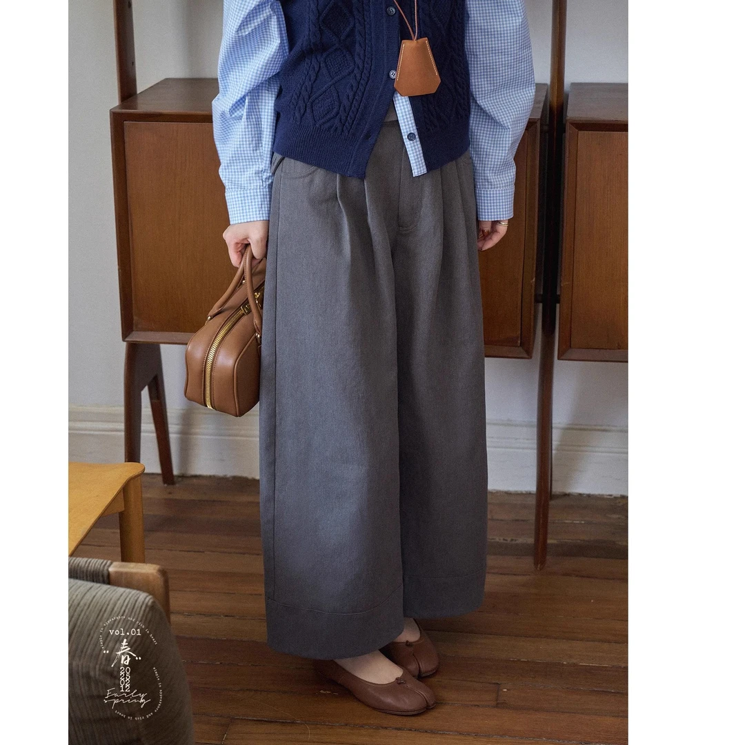 【王雪糕专属】「白描工作间」"银盏爵士"粗斜纹棉复古工装阔腿休闲裤