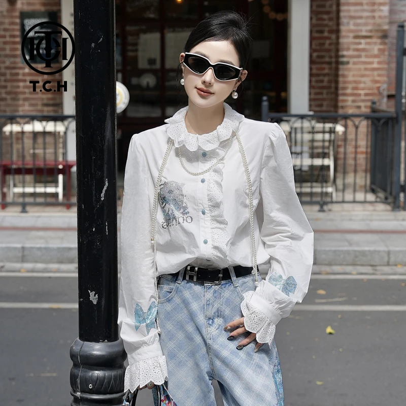 TCH现货烫钻小海豚时尚花苞领白色衬衫女T75A13E5008轻奢tch