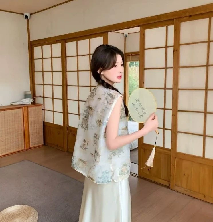 【亭台楼阁】新中式圆领重工刺绣乔其纱国风马夹上衣时尚透气背心女