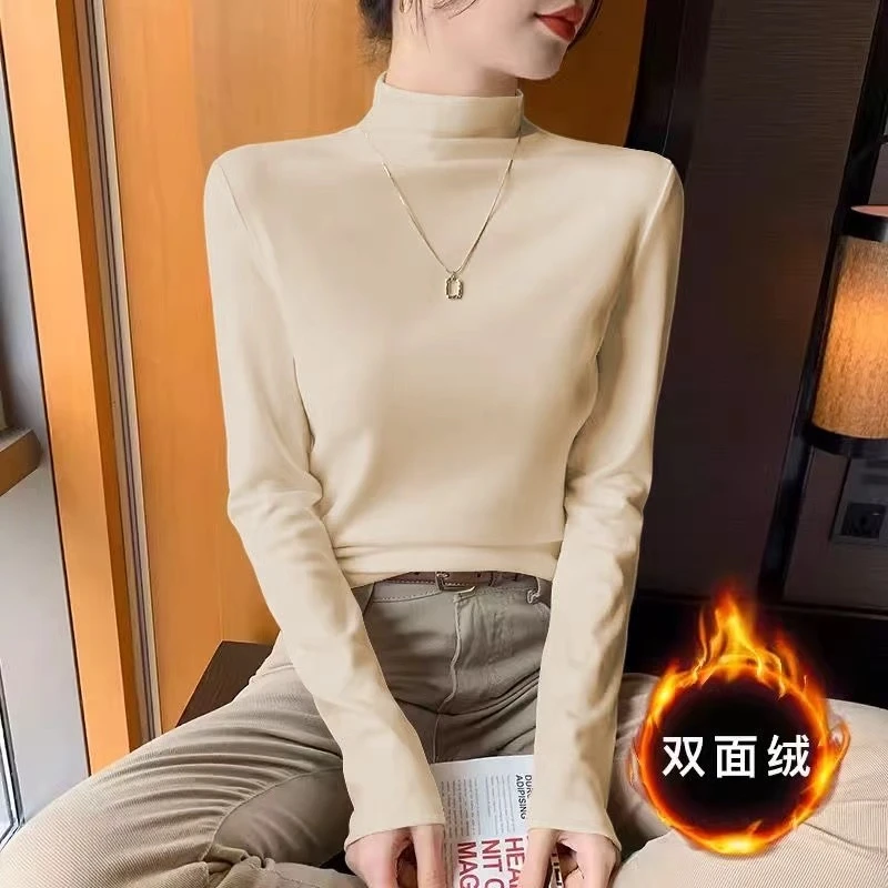 2025年秋冬半高领打底衫女双面德绒加厚保暖显瘦修身百搭长袖上衣