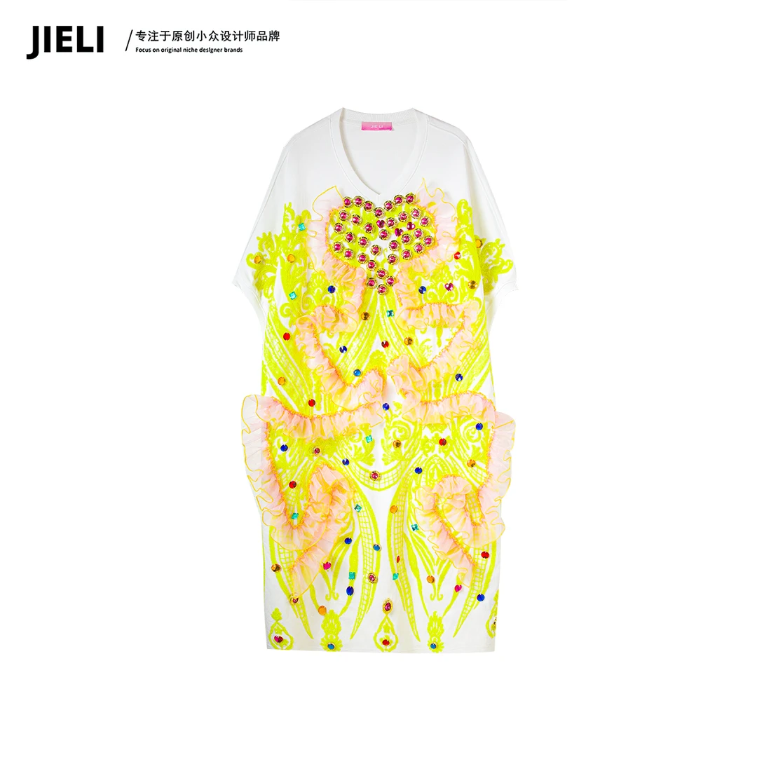 JIE LI/街力设计师高级感夏季中长款拼纱白色T裙女T8261