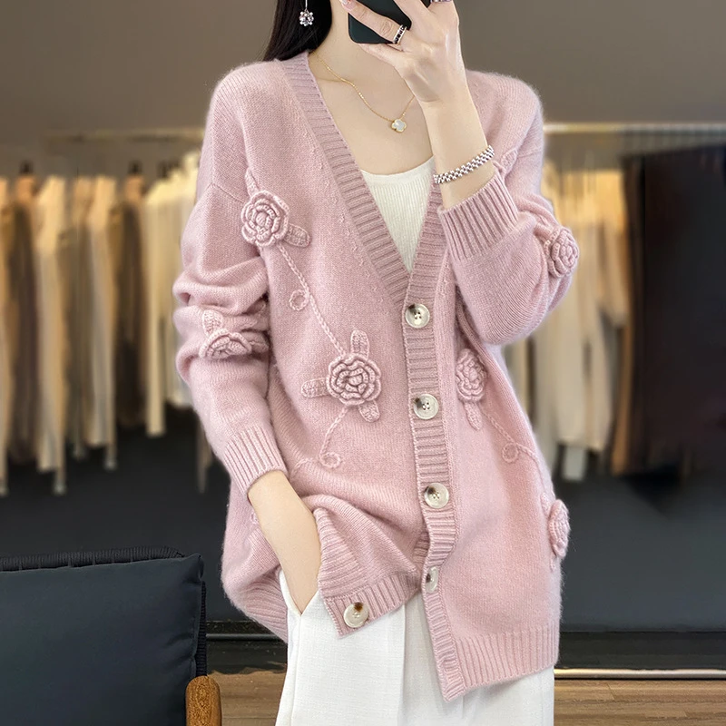 软糯舒适女士100纯羊毛开衫V字领立体花朵长袖单排多扣针织外套潮