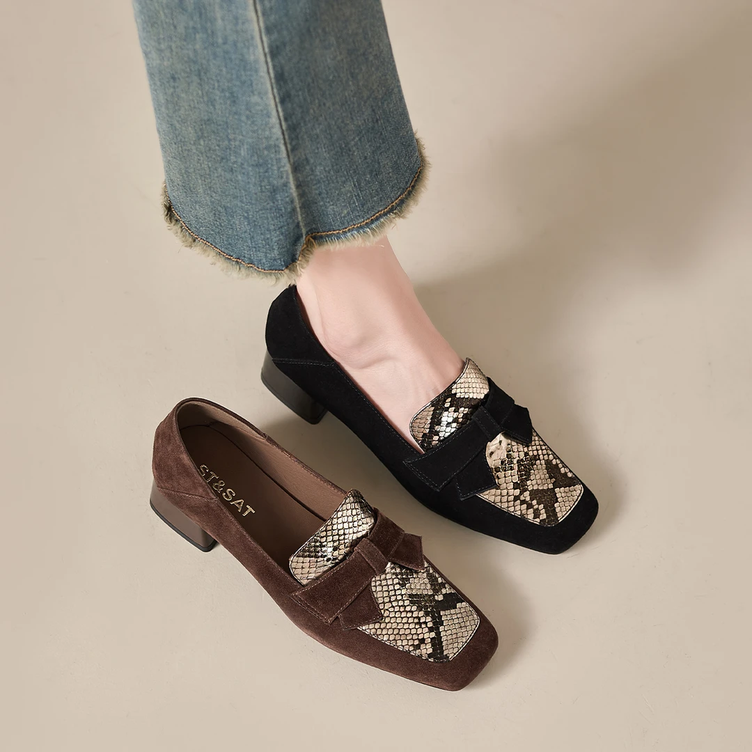 羊皮/3.5cm/星期六秋季2025今年流行鞋子深口蝴蝶结粗跟单鞋女